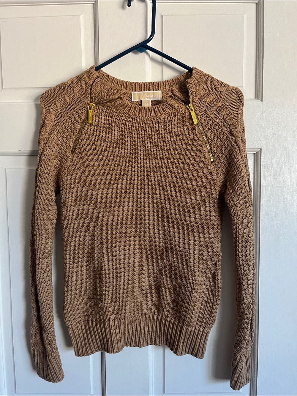 Michael Kors Camel Knit Crewneck Sweater with Gold Zippers